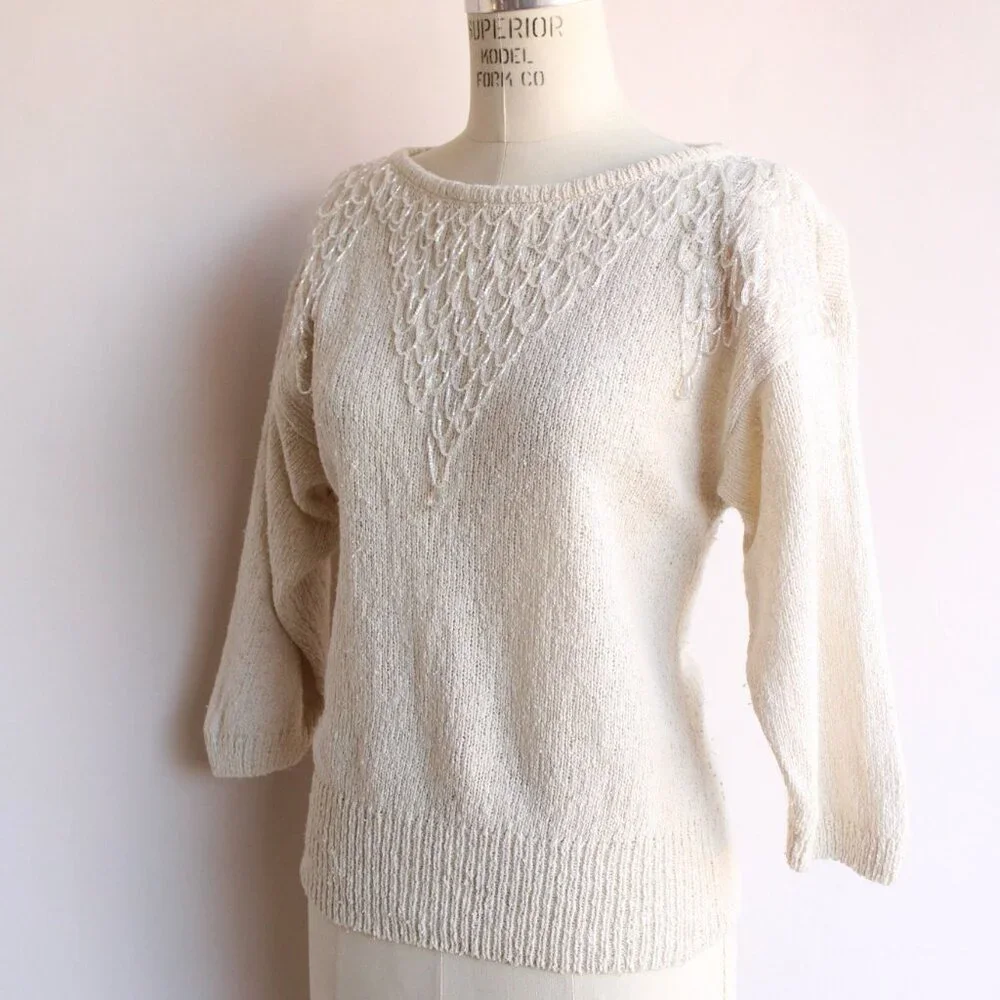 Vintage 1980s Sweater, Bonnie Boerer Ivory Pullover with Fringed Beading, - Picture 7 of 10